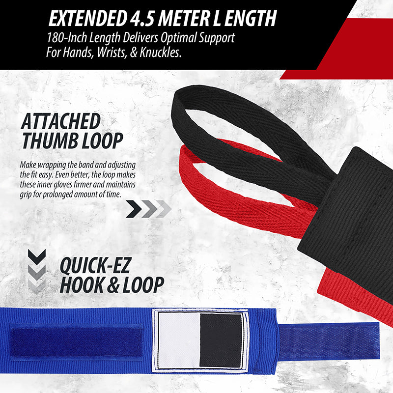 Premium Boxing Hand Wraps Inner Gloves – 180 Inch Elasticated Bandages with Thumb Loop, Wrist Protection for MMA, Muay Thai, Kickboxing, and Combat Sports