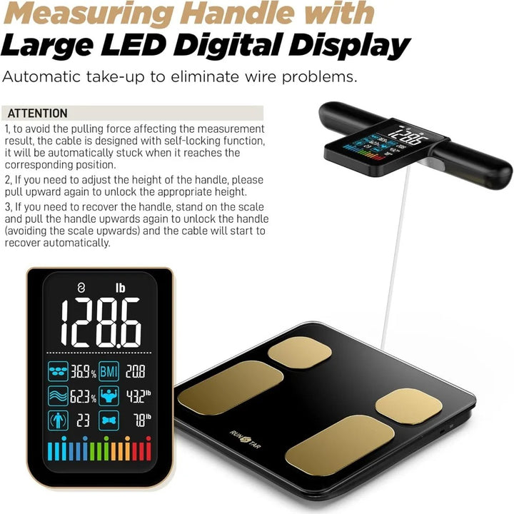 Digital body fat scale with large LED display and measuring handle on a white background