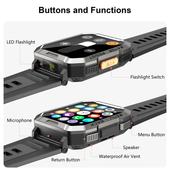 Premium Rugged Smartwatch for Outdoor – 2.01" HD TFT Display, Bluetooth Calling, 900mAh Battery, Heart Rate & Blood Oxygen Monitor, Emergency Lighting, Waterproof, Fitness Tracker