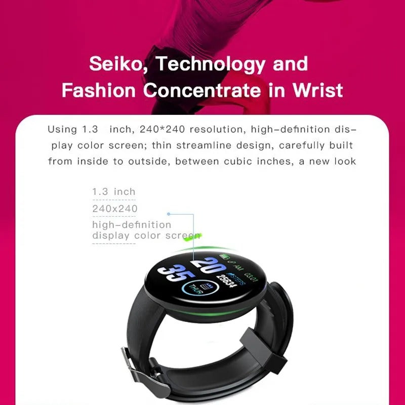 Premium D18 Smart Watch - Waterproof Fitness Tracker with Heart Rate, Blood Pressure, Oxygen Monitor, Call & Message Notifications, Compatible with Android & iOS