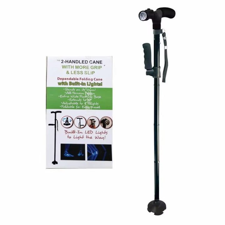 Premium Collapsible Telescopic Elder Cane – LED Walking Stick, Adjustable Folding Crutch for Seniors, Shock Absorber System, Anti-Skid, Lightweight, T-Handle, 4-Legged Stability, Durable Aluminum Alloy