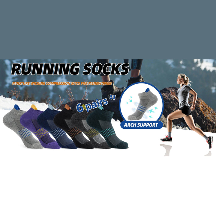 Premium Compression Socks for Men & Women – 6 Pairs Sweat Absorbing Ankle Socks for Hiking, Running, Sports – Low Cut, Cotton, Thick Support