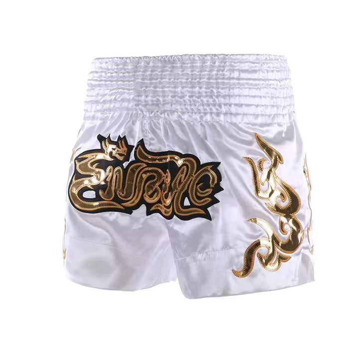 Premium Muay Thai Shorts 2024 – Unisex Boxing & Kickboxing Training Pants with Embroidery, Wide-Leg Design for Men, Women, Kids – Breathable Satin Polyester, Ideal for MMA, Sanda Martial Arts, Gym Workout Gear