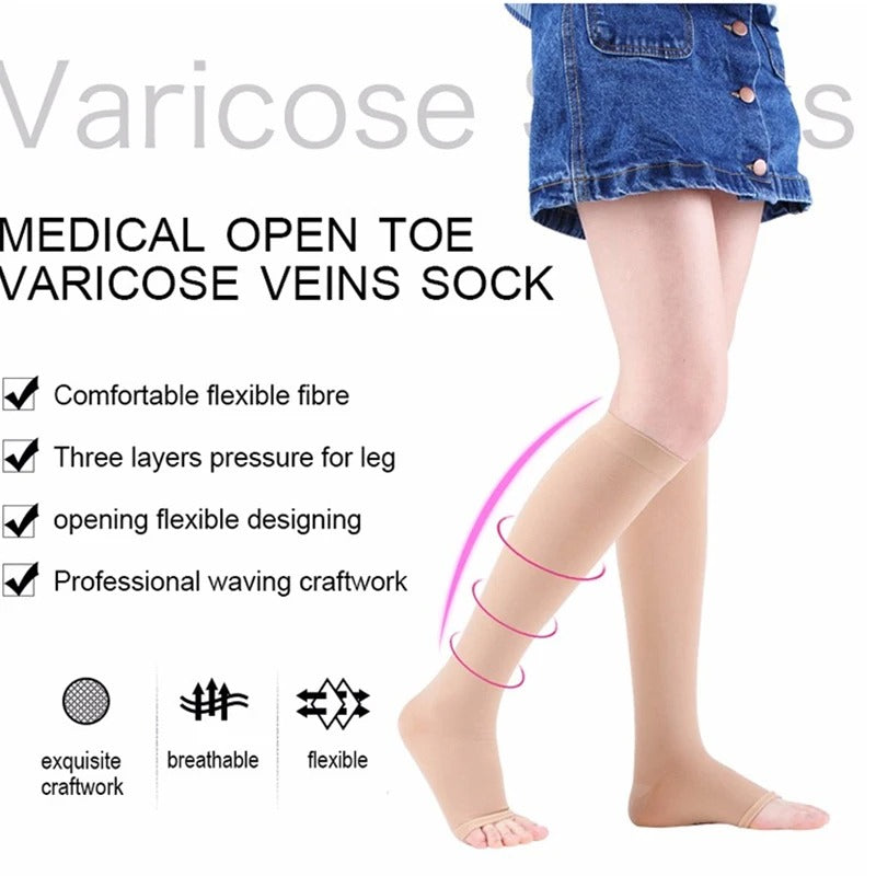 Premium Compression Support Stockings for Varicose Veins – Below Knee Circulation Socks for Pain Relief, Muscle Support & Comfort – Breathable Nylon/Spandex – Black/Nude – S-M, L-XL, XXL