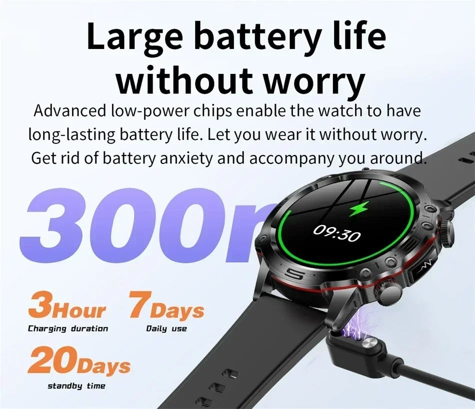 Premium Smartwatch with 1.43" AMOLED Display – Voice Calling, 100 Sports Modes, Military Grade Toughness, Waterproof, 7-Day Battery, Bluetooth, Custom Watch Faces