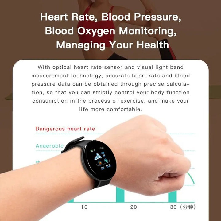 Premium D18 Smart Watch - Waterproof Fitness Tracker with Heart Rate, Blood Pressure, Oxygen Monitor, Call & Message Notifications, Compatible with Android & iOS