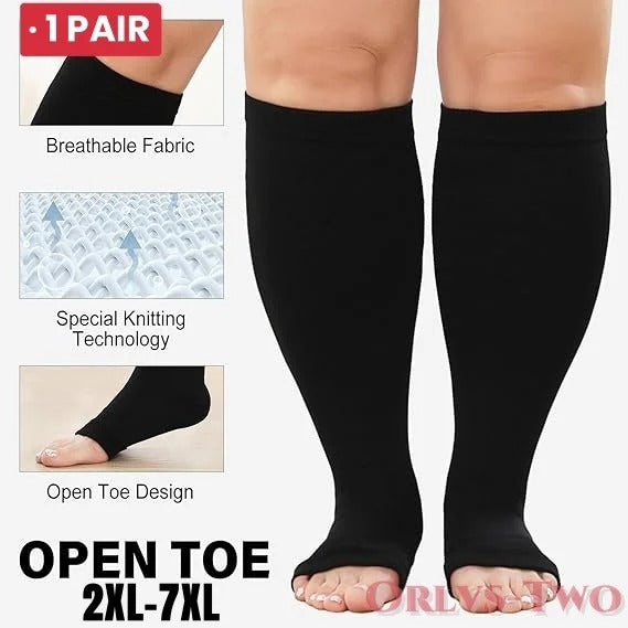 Premium Plus Size Compression Socks for Women & Men – 20-30mmHg Graduated Support – Open Toe, Toeless, Wide Calf – Medical & Travel