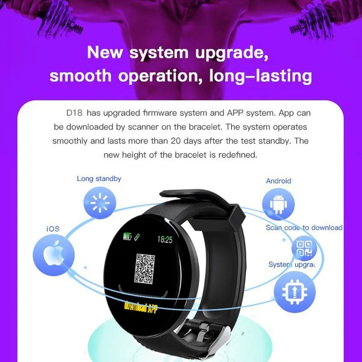 Premium D18 Smart Watch - Waterproof Fitness Tracker with Heart Rate, Blood Pressure, Oxygen Monitor, Call & Message Notifications, Compatible with Android & iOS