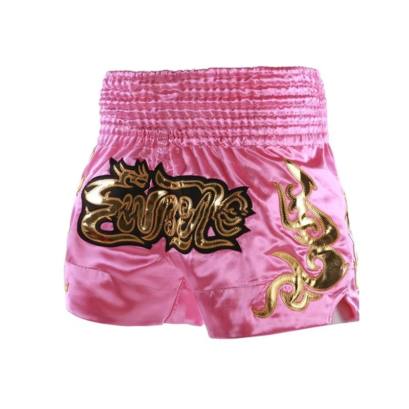 Premium Muay Thai Shorts 2024 – Unisex Boxing & Kickboxing Training Pants with Embroidery, Wide-Leg Design for Men, Women, Kids – Breathable Satin Polyester, Ideal for MMA, Sanda Martial Arts, Gym Workout Gear