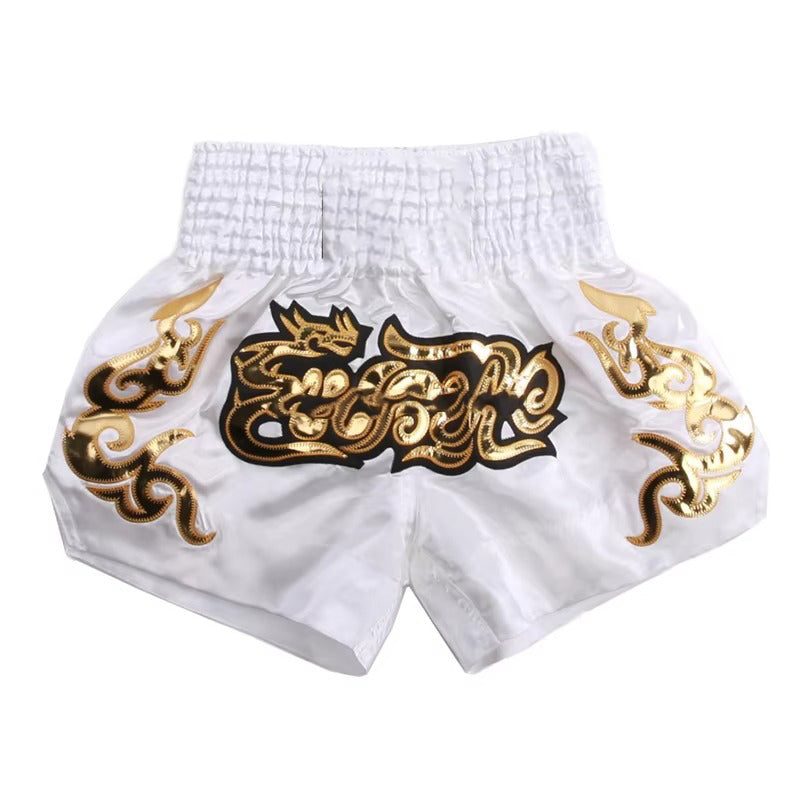 Premium Muay Thai Shorts 2024 – Unisex Boxing & Kickboxing Training Pants with Embroidery, Wide-Leg Design for Men, Women, Kids – Breathable Satin Polyester, Ideal for MMA, Sanda Martial Arts, Gym Workout Gear