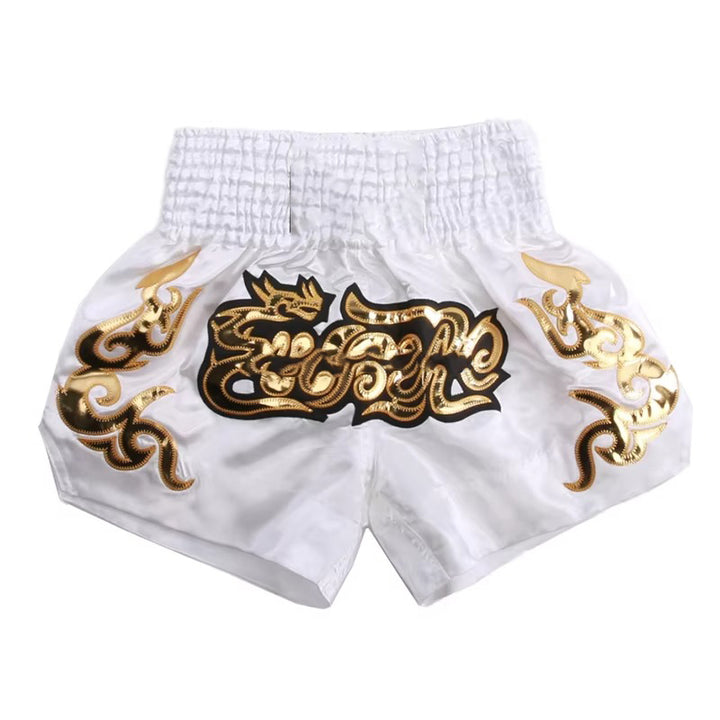 Premium Muay Thai Shorts 2024 – Unisex Boxing & Kickboxing Training Pants with Embroidery, Wide-Leg Design for Men, Women, Kids – Breathable Satin Polyester, Ideal for MMA, Sanda Martial Arts, Gym Workout Gear
