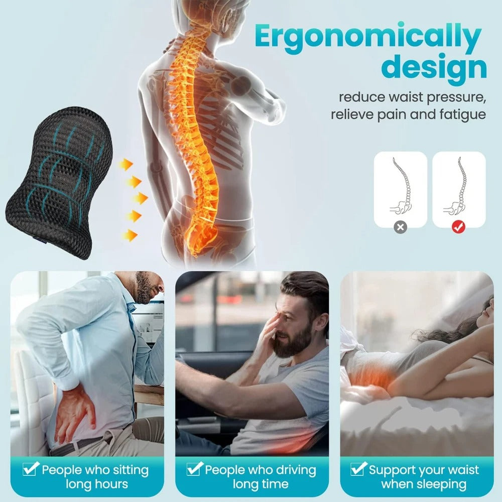 Premium Lumbar Support Pillow – Memory Foam Back Cushion for Car Seat & Office Chair – Ergonomic Waist Pillow for Lower Back Pain Relief, Breathable Removable Cover