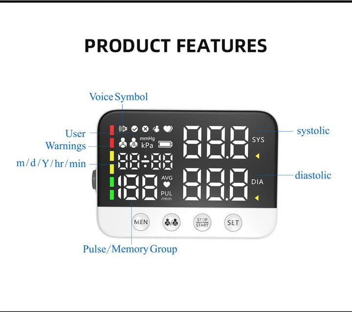 Premium Digital Upper Arm Blood Pressure Monitor – Accurate Sphygmomanometer, Full Automatic Pressurization & Decompression, LED Display, Medical BP Monitoring, 120 Set Memory, Lithium Battery Powered