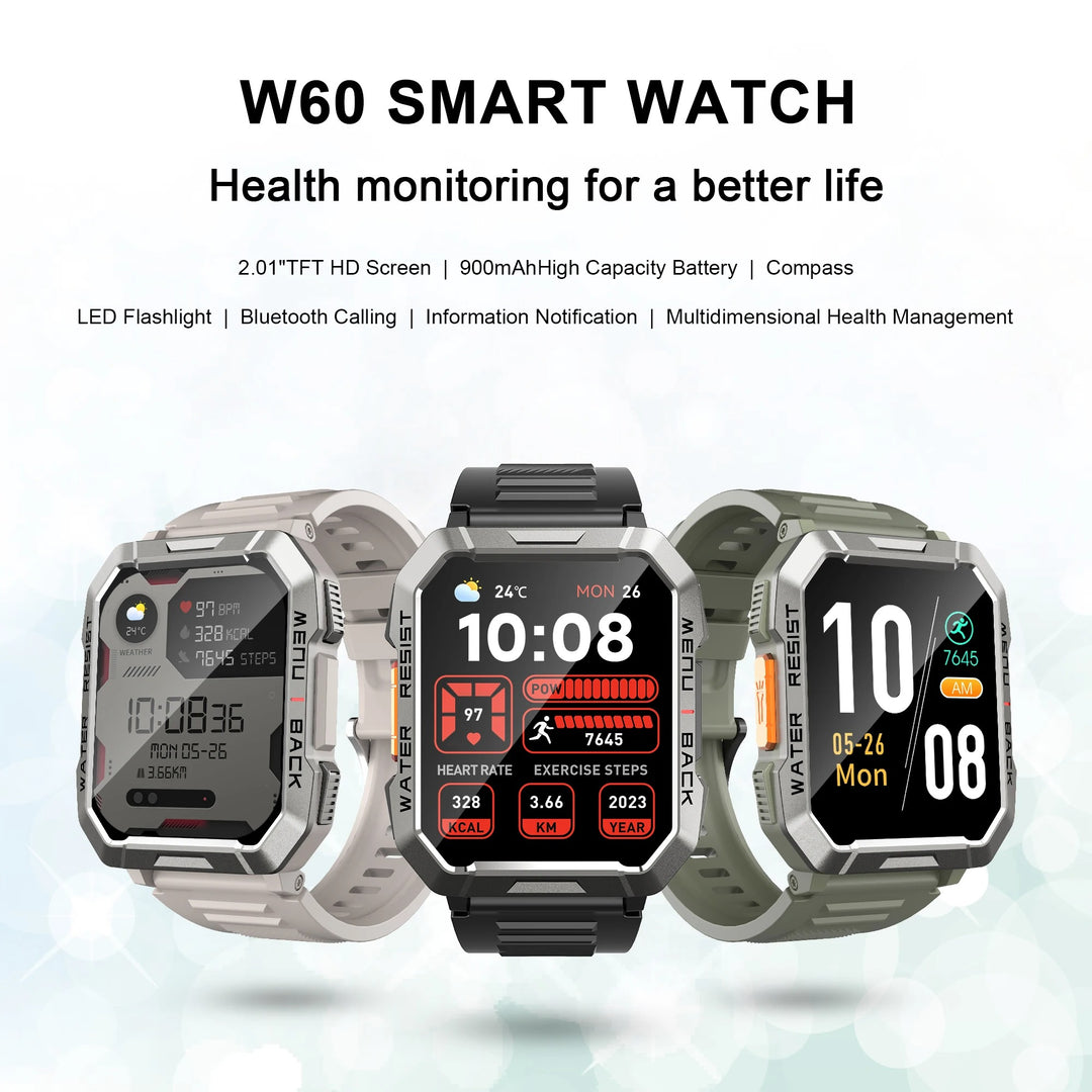 Premium Rugged Smartwatch for Outdoor – 2.01" HD TFT Display, Bluetooth Calling, 900mAh Battery, Heart Rate & Blood Oxygen Monitor, Emergency Lighting, Waterproof, Fitness Tracker