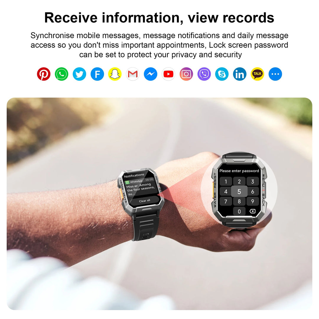 Premium Rugged Smartwatch for Outdoor – 2.01" HD TFT Display, Bluetooth Calling, 900mAh Battery, Heart Rate & Blood Oxygen Monitor, Emergency Lighting, Waterproof, Fitness Tracker
