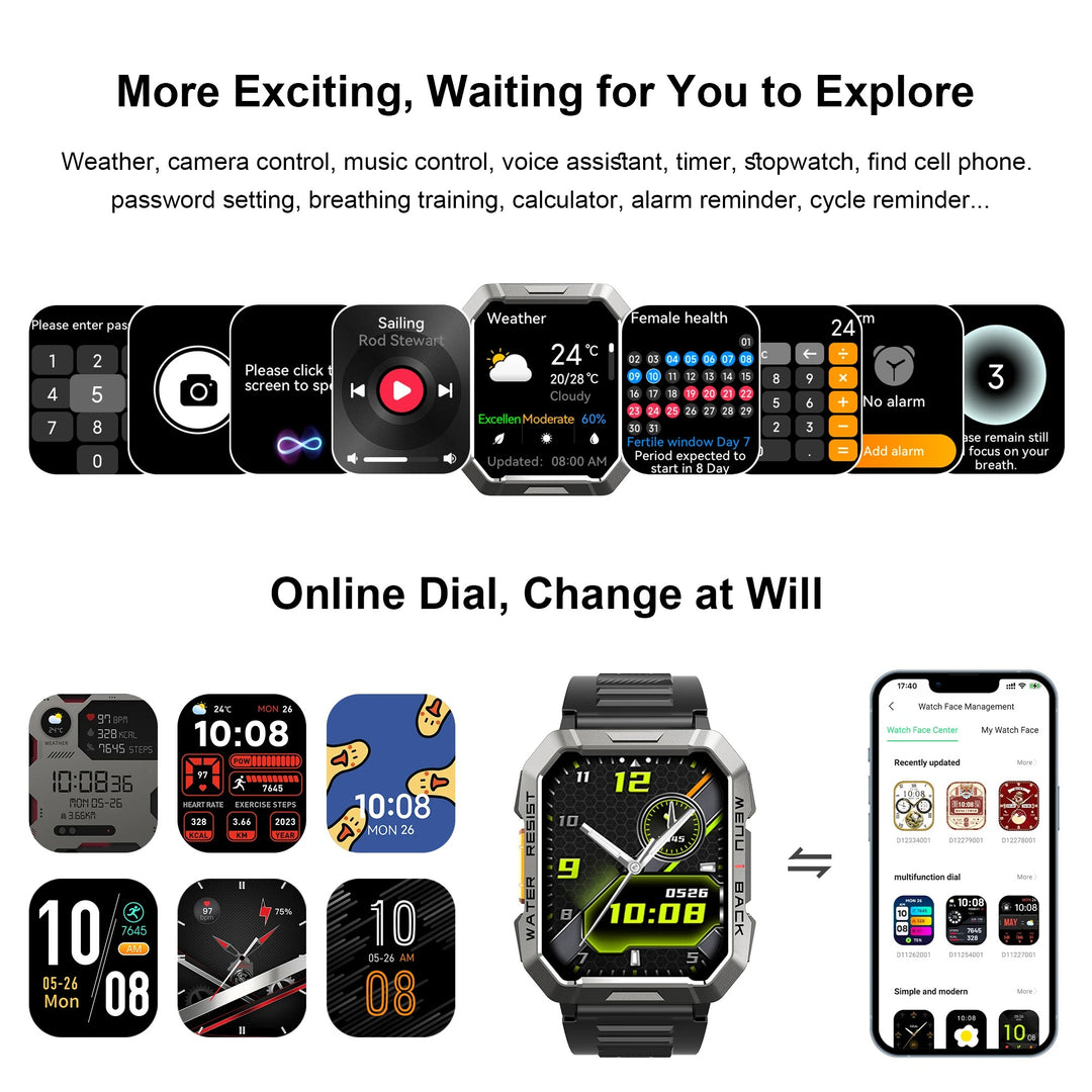 Premium Rugged Smartwatch for Outdoor – 2.01" HD TFT Display, Bluetooth Calling, 900mAh Battery, Heart Rate & Blood Oxygen Monitor, Emergency Lighting, Waterproof, Fitness Tracker