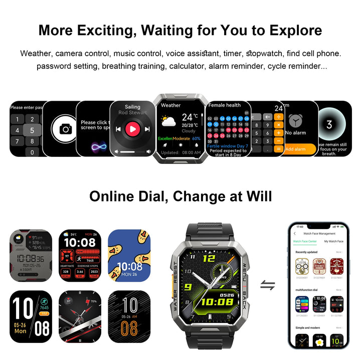 Premium Rugged Smartwatch for Outdoor – 2.01" HD TFT Display, Bluetooth Calling, 900mAh Battery, Heart Rate & Blood Oxygen Monitor, Emergency Lighting, Waterproof, Fitness Tracker