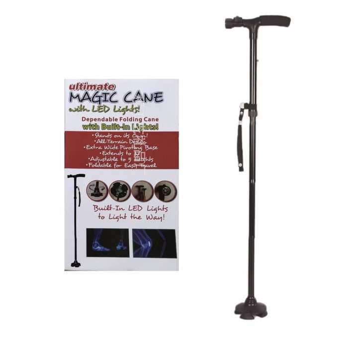 Premium Collapsible Telescopic Elder Cane – LED Walking Stick, Adjustable Folding Crutch for Seniors, Shock Absorber System, Anti-Skid, Lightweight, T-Handle, 4-Legged Stability, Durable Aluminum Alloy