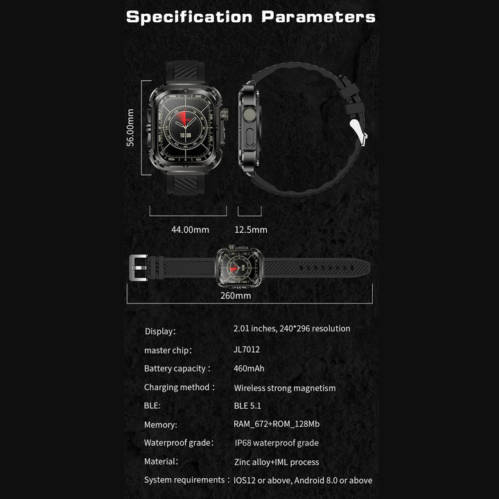 Premium Military Smartwatch for Men – IP68 Waterproof, Bluetooth Calling, Fitness Tracker, Large 1.85" HD Screen, Health Monitoring, 400mAh Battery, Sports Modes, Sleep & Heart Rate Monitor