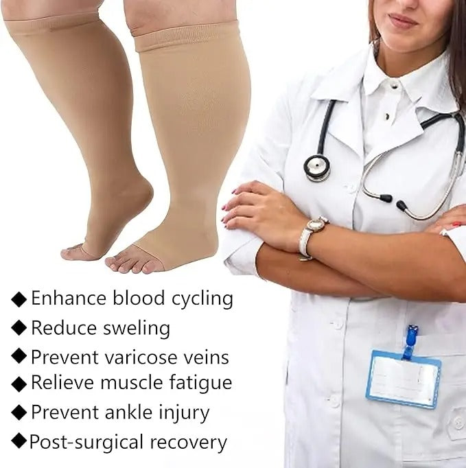 Premium Plus Size Compression Socks for Women & Men – 20-30mmHg Graduated Support – Open Toe, Toeless, Wide Calf – Medical & Travel