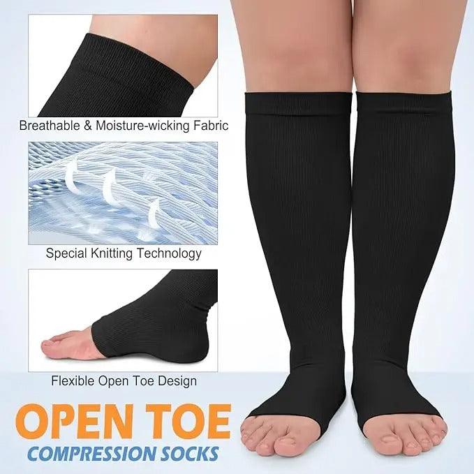 Premium Plus Size Compression Socks for Women & Men – 20-30mmHg Graduated Support – Open Toe, Toeless, Wide Calf – Medical & Travel
