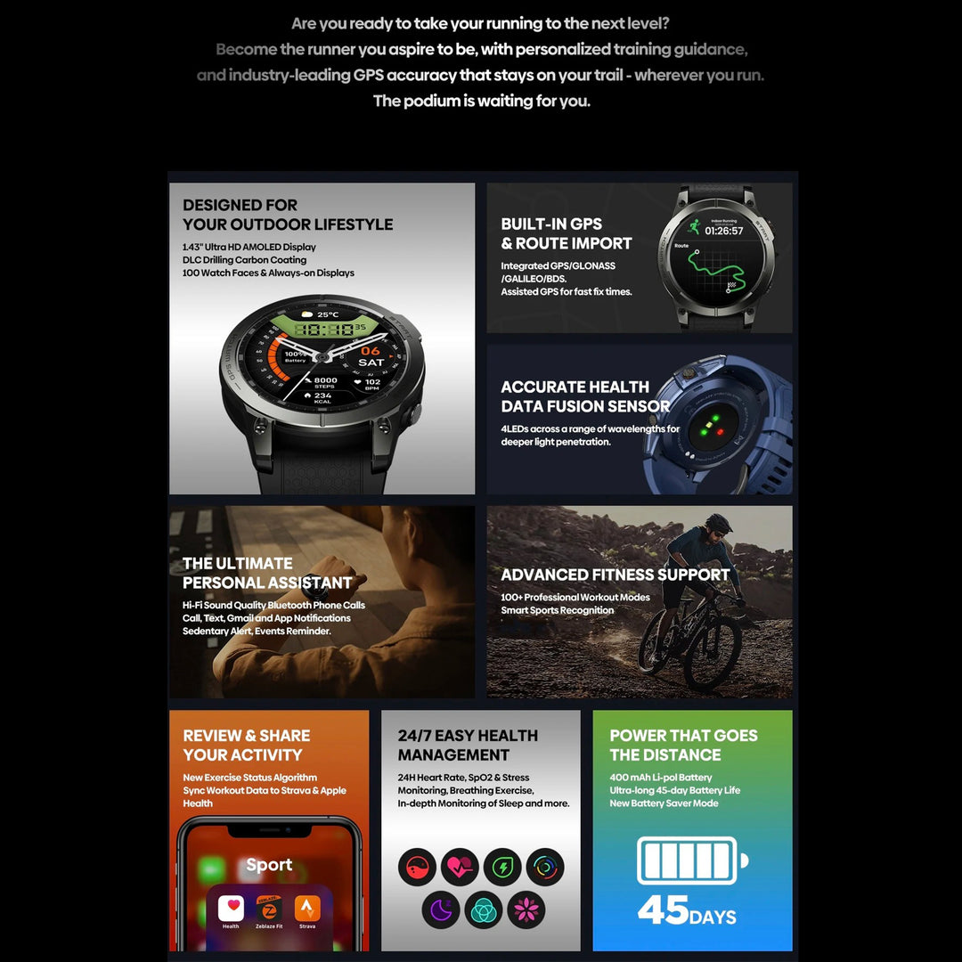 Premium GPS Sports Smartwatch for Men - 1.43” AMOLED, Built-in GPS, 100+ Sports Modes, Health Tracking, 18-Day Battery, Waterproof, Bluetooth Calls