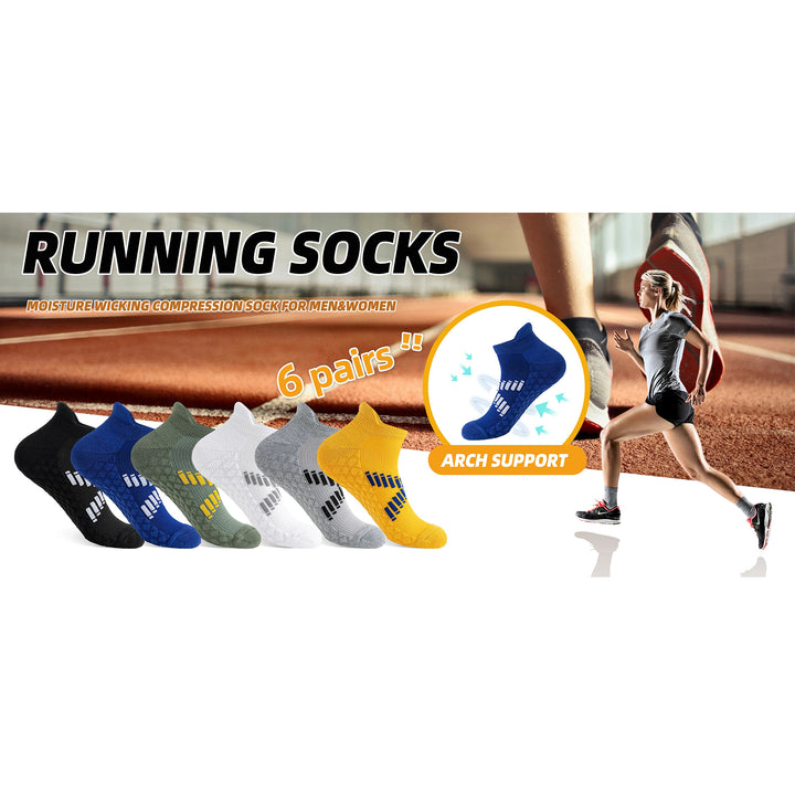 Premium Sweat Absorbing Compression Running & Hiking Socks – 6 Pairs, Thick Cotton Ankle Sports Socks for Men & Women, Low Cut, Breathable, Moisture-Wicking, Compression Support
