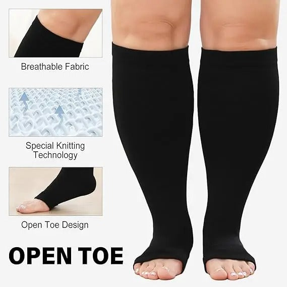 Premium Plus Size Compression Socks for Women & Men – 20-30mmHg Graduated Support – Open Toe, Toeless, Wide Calf – Medical & Travel