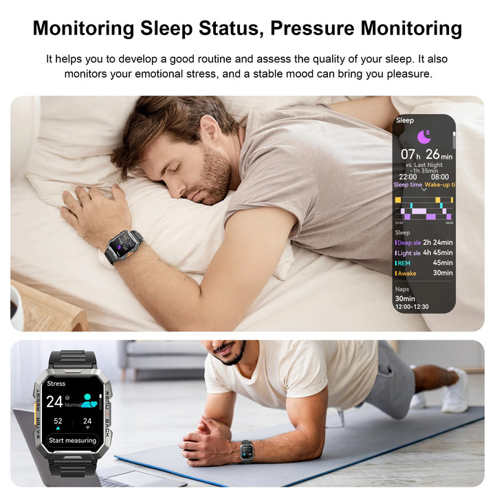 Premium Rugged Smartwatch for Outdoor – 2.01" HD TFT Display, Bluetooth Calling, 900mAh Battery, Heart Rate & Blood Oxygen Monitor, Emergency Lighting, Waterproof, Fitness Tracker