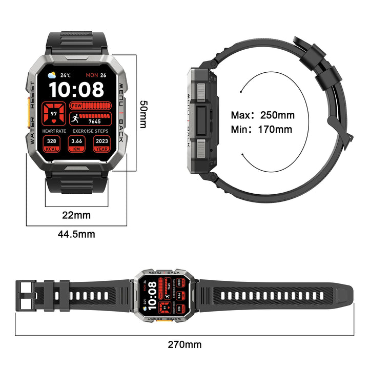 Premium Rugged Smartwatch for Outdoor – 2.01" HD TFT Display, Bluetooth Calling, 900mAh Battery, Heart Rate & Blood Oxygen Monitor, Emergency Lighting, Waterproof, Fitness Tracker