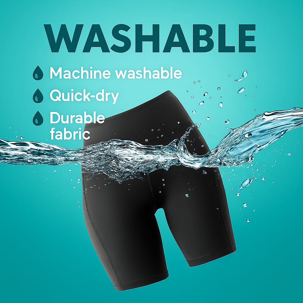 Black shorts with water splash and text highlighting washable properties on a teal background