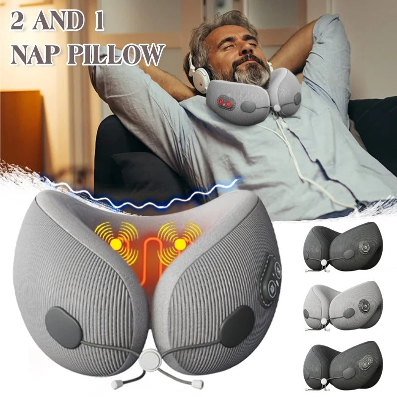 Premium U-Shaped Travel Pillow – Heated Massage Memory Foam Neck Pillow for Airplanes, Ergonomic Design for Pain Relief and Comfortable Sleeping, 3 Adjustable Modes, Portable and Rechargeable