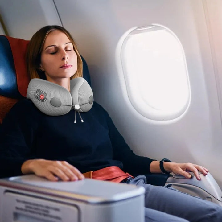Premium U-Shaped Travel Pillow – Heated Massage Memory Foam Neck Pillow for Airplanes, Ergonomic Design for Pain Relief and Comfortable Sleeping, 3 Adjustable Modes, Portable and Rechargeable