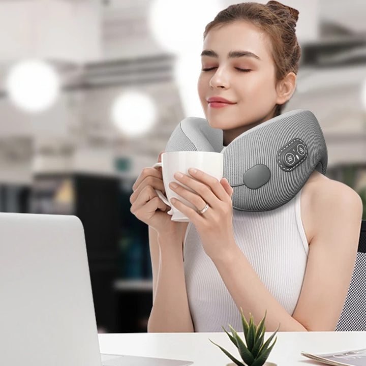Premium U-Shaped Travel Pillow – Heated Massage Memory Foam Neck Pillow for Airplanes, Ergonomic Design for Pain Relief and Comfortable Sleeping, 3 Adjustable Modes, Portable and Rechargeable