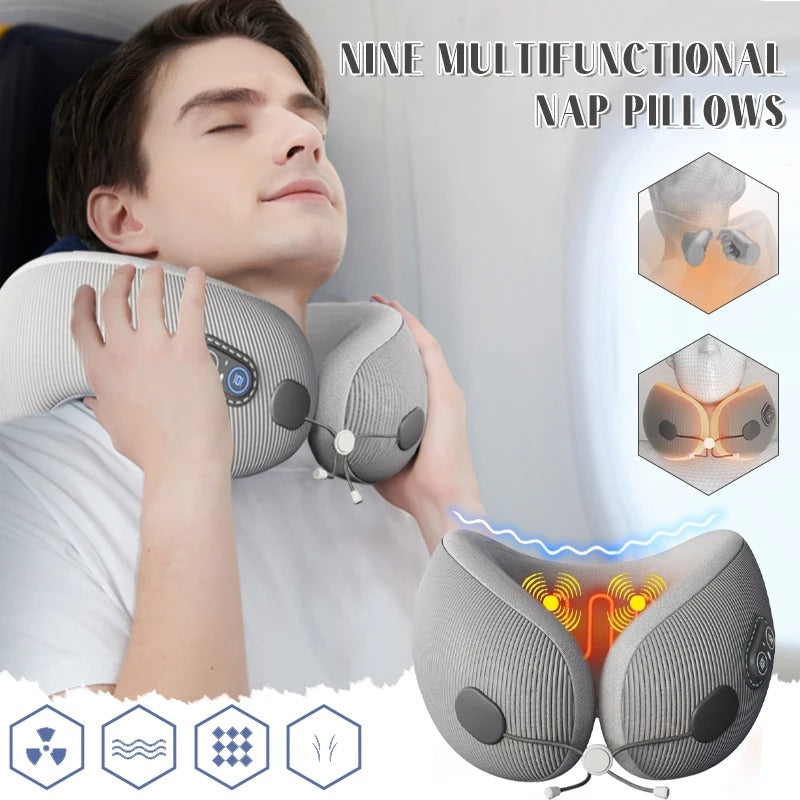 Premium U-Shaped Travel Pillow – Heated Massage Memory Foam Neck Pillow for Airplanes, Ergonomic Design for Pain Relief and Comfortable Sleeping, 3 Adjustable Modes, Portable and Rechargeable