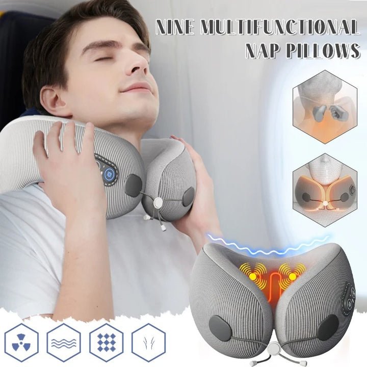 Premium U-Shaped Travel Pillow – Heated Massage Memory Foam Neck Pillow for Airplanes, Ergonomic Design for Pain Relief and Comfortable Sleeping, 3 Adjustable Modes, Portable and Rechargeable